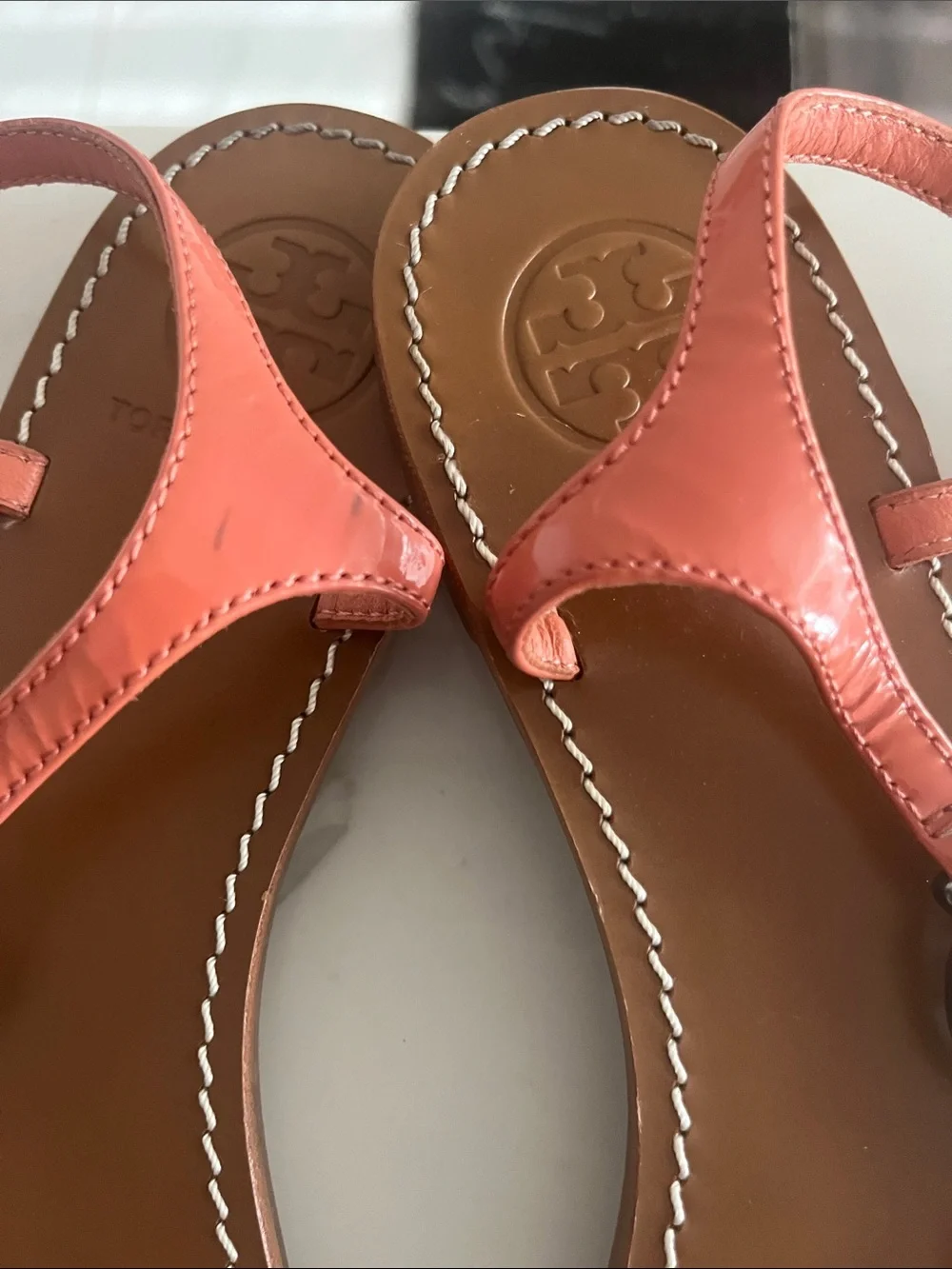Tory Burch Coral Patent T-Strap Sandals with Logo Disc